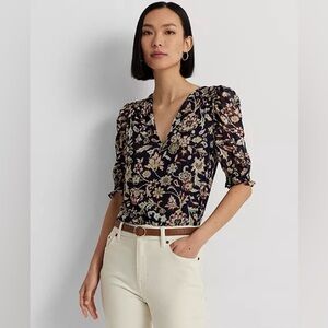 Lauren Ralph Lauren Black Label Crinkle Georgette Puff-Sleeve Top size Large